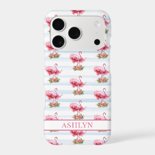 Flamingos with Flowers on Watercolor Stripes iPhone 17 Pro Case