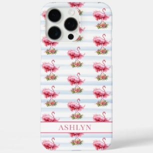 Flamingos with Flowers on Watercolor Stripes iPhone 16 Pro Max Case