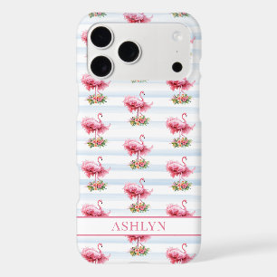 Flamingos with Flowers on Watercolor Stripes iPhone 17 Pro Max Case