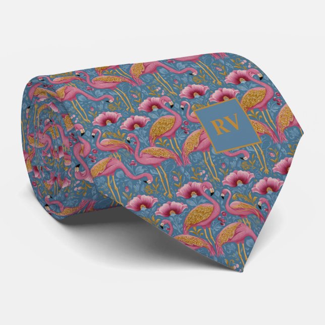 Flamingos with Gold Feathers on Blue Neck Tie (Rolled)