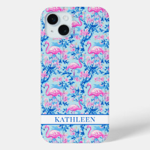Flamingos with Pink Flowers Monogrammed iPhone 15 Plus Case