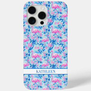 Flamingos with Pink Flowers Monogrammed iPhone 15 Pro Max Case