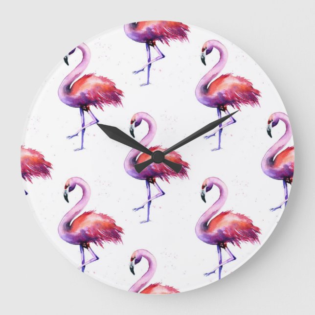 Flamingos with splashes: watercolor pattern. large clock (Front)
