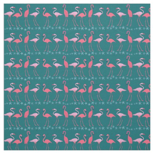 Flamingos With Starfish on Teal Fabric