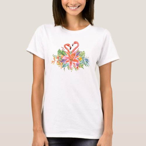 Flamingos with Tropical Flowers Bouquet  T_Shirt