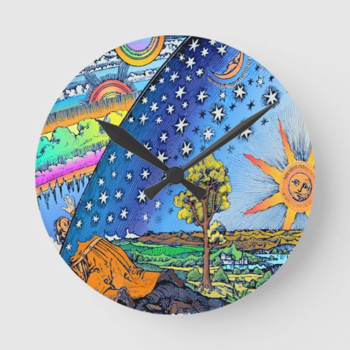 Flammarion Woodcut Flat Earth Design Square COLOR Round Clock