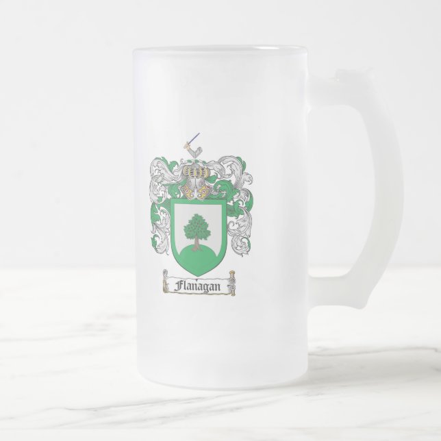 FLANAGAN FAMILY CREST -  FLANAGAN COAT OF ARMS FROSTED GLASS BEER MUG (Right)