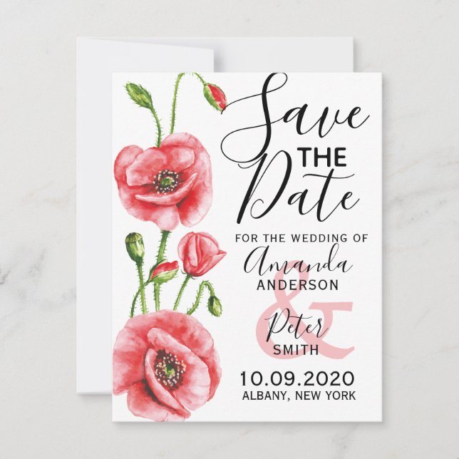 Flanders Poppy Elegant Watercolor Wedding Save The Date (Front)