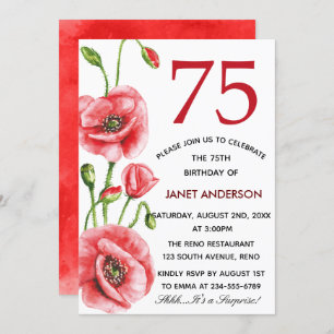 Flanders Poppy Watercolor 75th Birthday Party Invitation