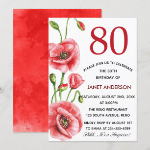 Flanders Poppy Watercolor 80th Birthday Party Invitation