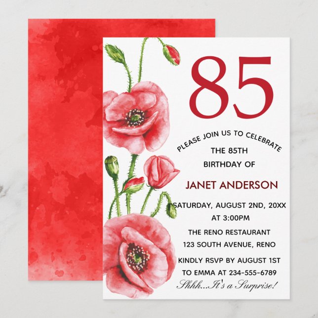 Flanders Poppy Watercolor 85th Birthday Party Invitation (Front/Back)
