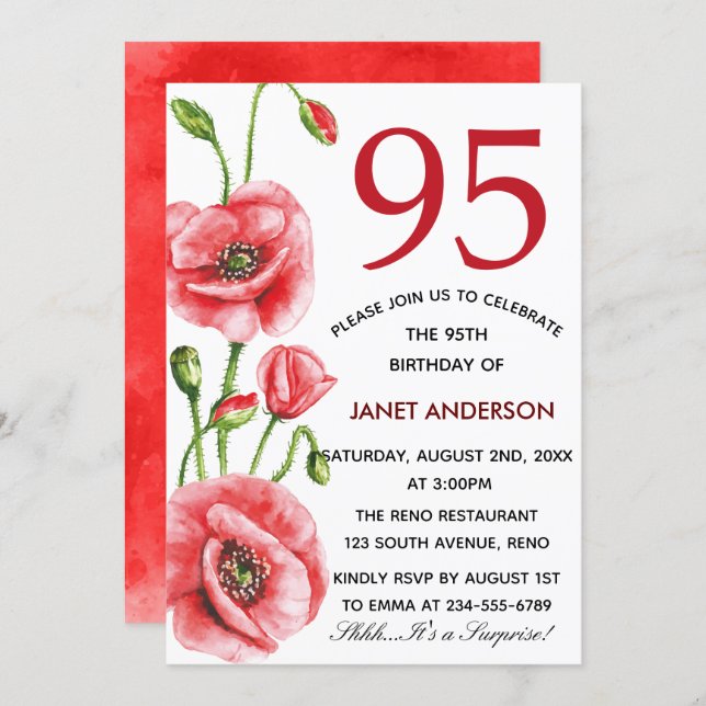 Flanders Poppy Watercolor 95th Birthday Party Invitation (Front/Back)
