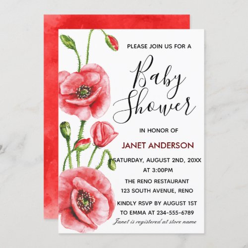 Flanders Poppy Watercolor Baby Shower Invitation