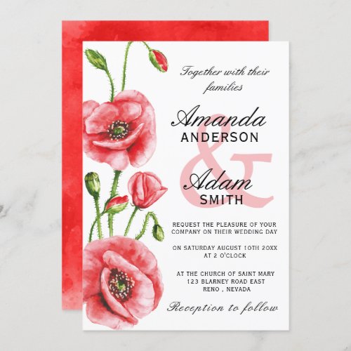 Flanders Poppy Watercolor Typography Wedding Invitation