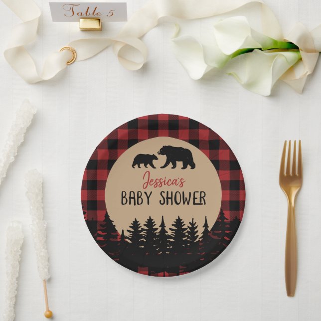 Flannel Adventure Bear Baby Shower Decor Paper Plates (Wedding)