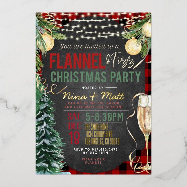 Flannel and Fizz Christmas Party Invitation Foil Invitation (Front)