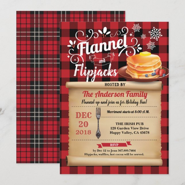 Flannel and flipjacks pajama and pancake party invitation (Front/Back)
