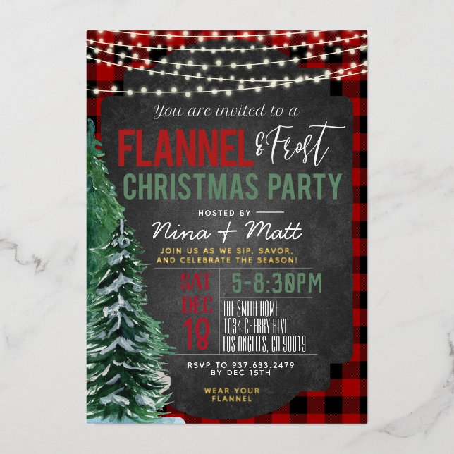 Flannel and Frost Christmas Party Invitation Foil Invitation (Front)