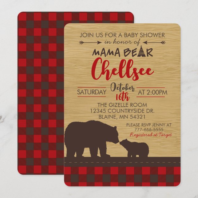 Flannel and Wood Mama Bear Baby Shower Invitations (Front/Back)