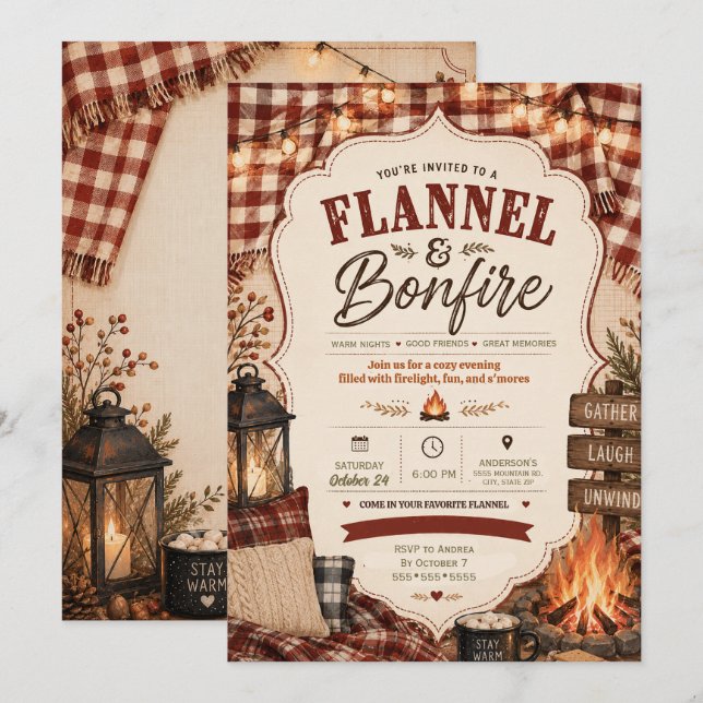 Flannel Bonfire Plaid Autumn Fall Get Together  Invitation (Front/Back)