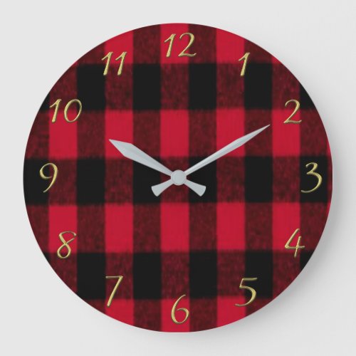 Flannel Buffalo Plaid Red lumberjack texture 1 Large Clock