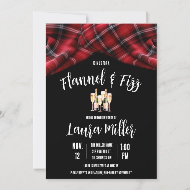 Flannel & Fizz, Plaid, Champagne Bridal Shower Invitation (Front)