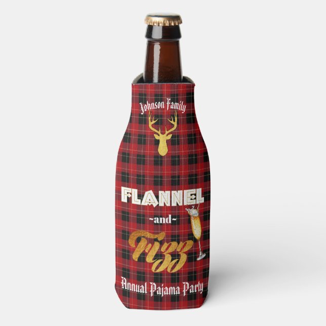 Flannel & Fizz Red|Black Plaid|Gold Foil Holiday Bottle Cooler (Bottle Front)