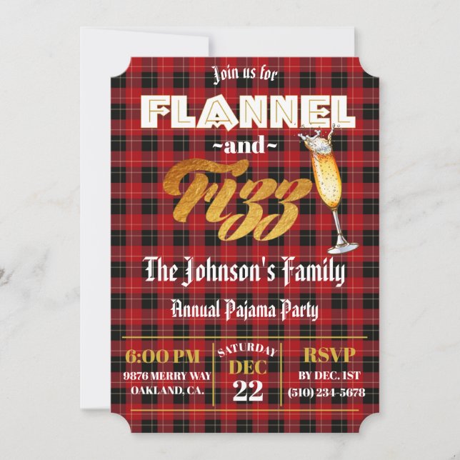 Flannel & Fizz Red|Black Plaid|Gold Foil Holiday Invitation (Front)