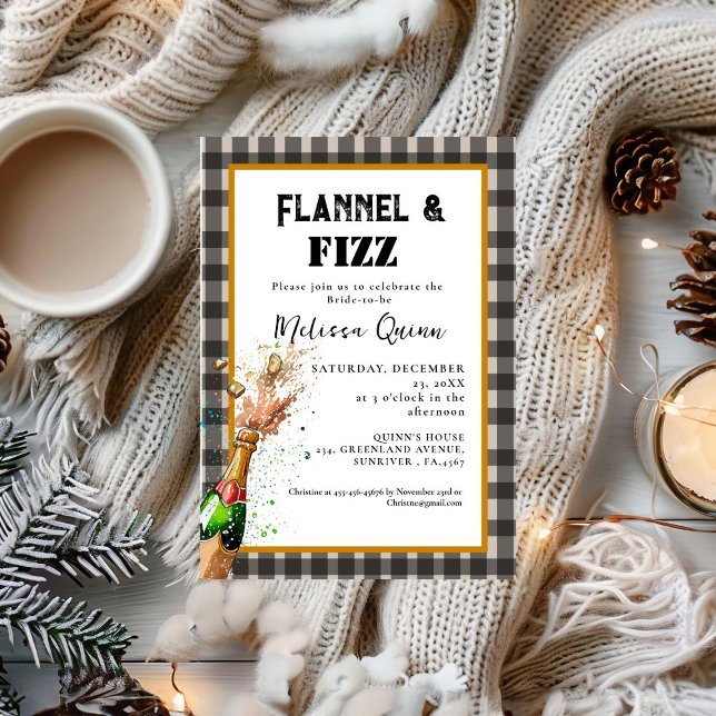 Flannel & fizz winter Black &  White bridal shower Invitation (Creator Uploaded)