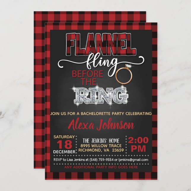 Flannel Fling Bachelorette Party Invitation - Red (Front/Back)