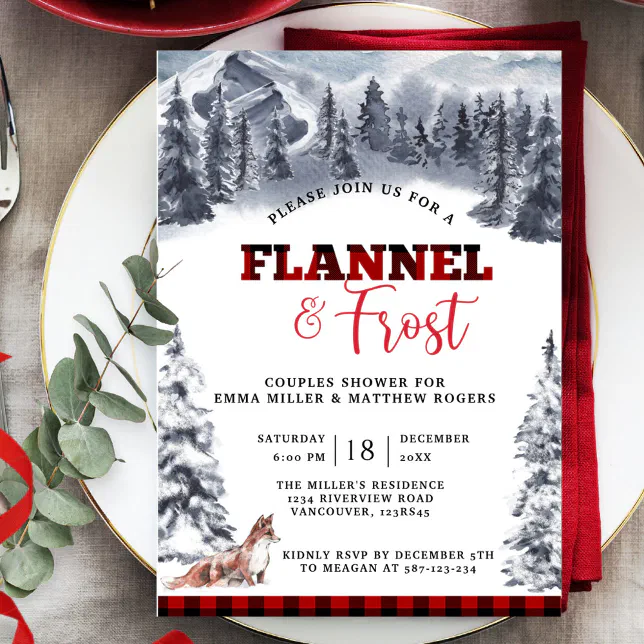 Flannel &amp; Frost Holiday Party, Mountains and Fox Invitation | Zazzle