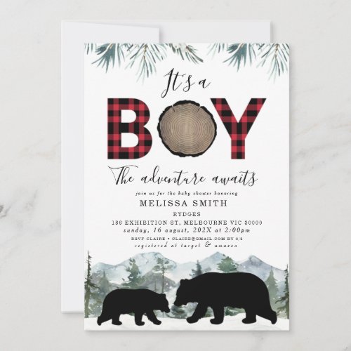 Flannel Lumberjack Bear Its A Boy Baby Shower Invitation