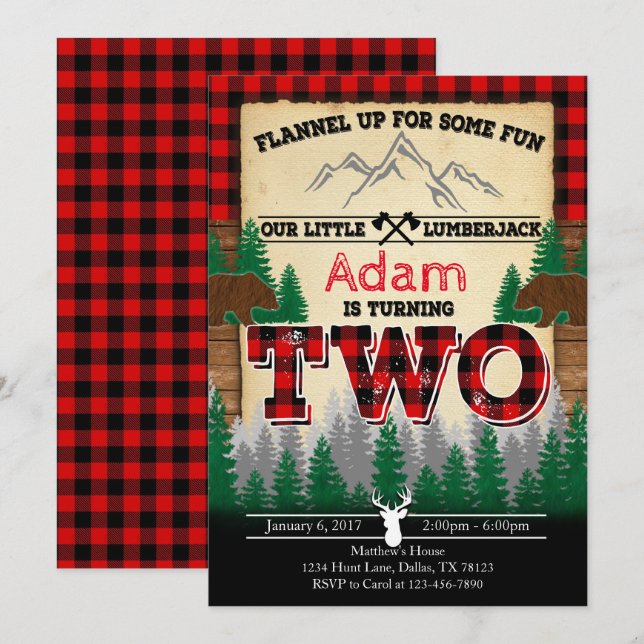 Flannel Lumberjack Birthday Party Invitation Two (Front/Back)