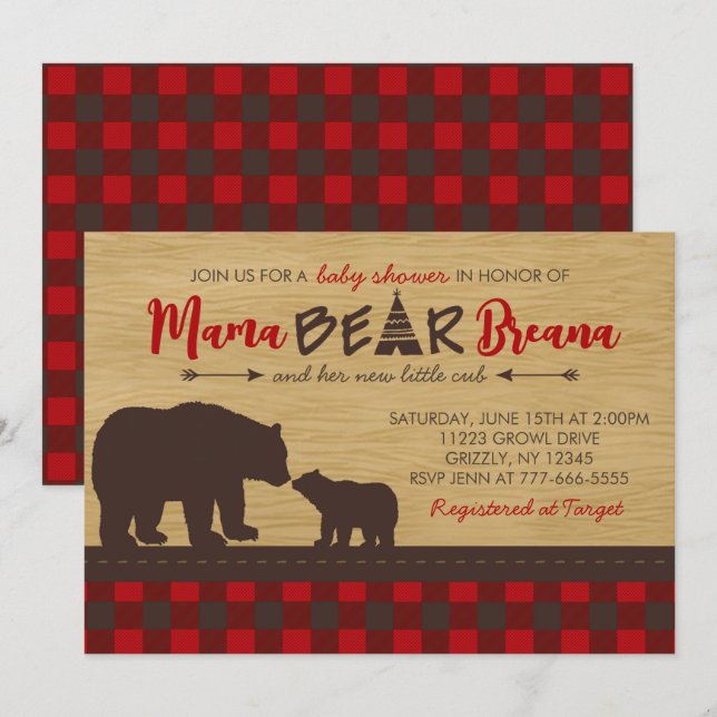Flannel Mama Bear Baby Shower Invitations (Front/Back)