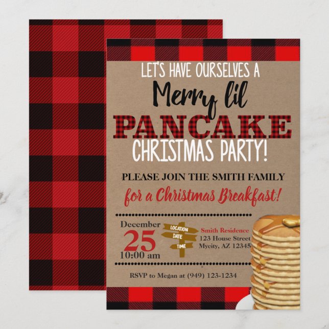 Flannel Merry Lil Pancake Christmas Breakfast Invitation (Front/Back)