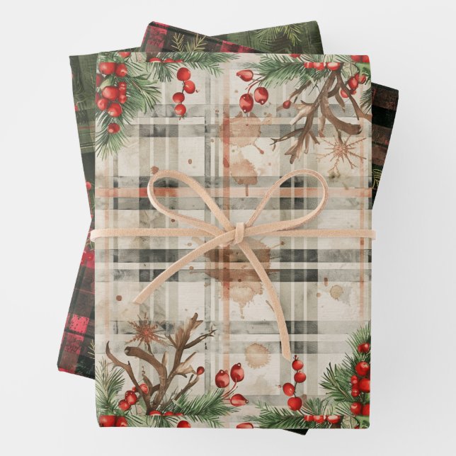 Flannel Plaid Winter Holiday Gift Wrapping Paper Sheets (In situ)