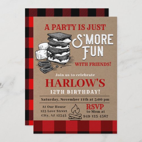 Flannel Smores Party Buffalo Plaid Birthday Invit Invitation