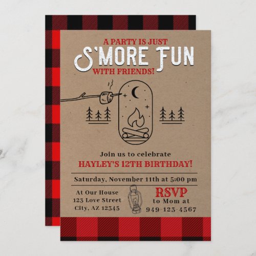Flannel Smores Party Buffalo Plaid Birthday Invitation