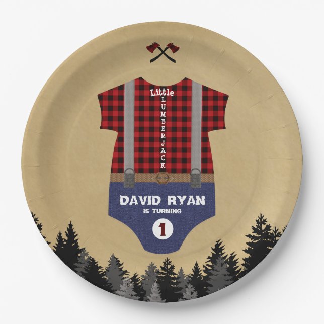 Flannel Up Baby Suit Lumberjack First Birthday Paper Plates (Front)