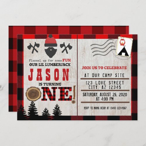 Flannel up for some fun Little Lumberjack Birthday Invitation