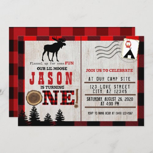 Flannel up for some fun Little Moose 1st Birthday Invitation