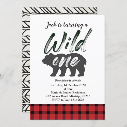 Flannel Wild One first birthday invitation card
