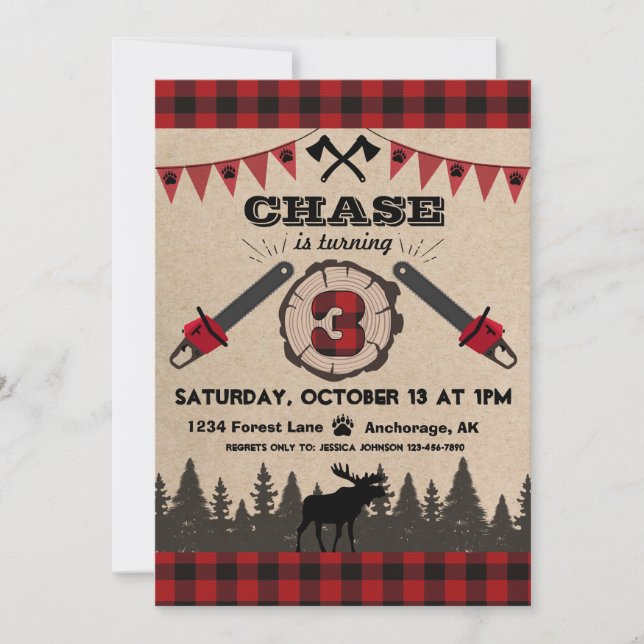 Flannel Wood Stump Forest Wilderness Birthday Invitation (Front)
