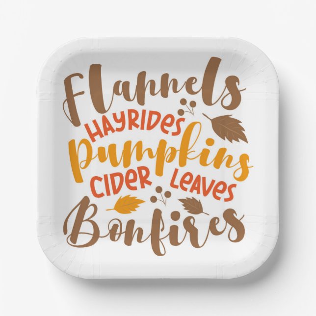 Flannels Hay Rides Pumpkins Cider Leaves Bonfires Paper Plates (Front)