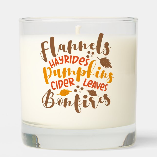Flannels Hay Rides Pumpkins Cider Leaves Bonfires Scented Candle (Front)