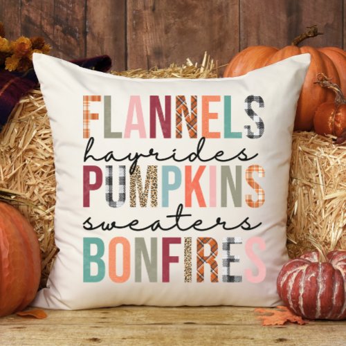 Flannels Hayrides Pumpkins Bonfires Plaid Fun Fall Throw Pillow