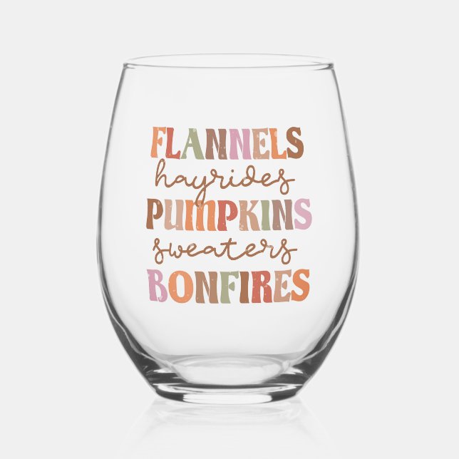 Flannels Pumpkins Bonfires Stemless Wine Glass (Front)