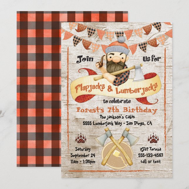 Flapjacks and Lumberjacks Birthday Party invites (Front/Back)