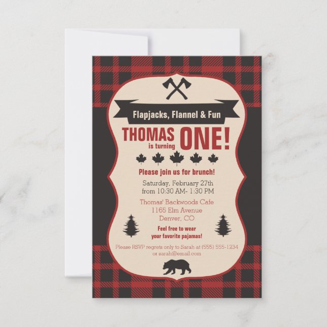 Flapjacks, Flannel & Fun! Buffalo Plaid Birthday Invitation (Front)