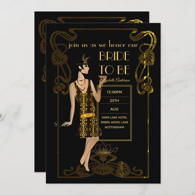 FLAPPER 1920s Art Deco Black Gold Bridal Shower Invitation